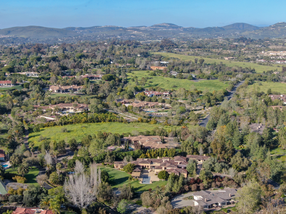 Aerial view of wealthy countryside area with luxury villas