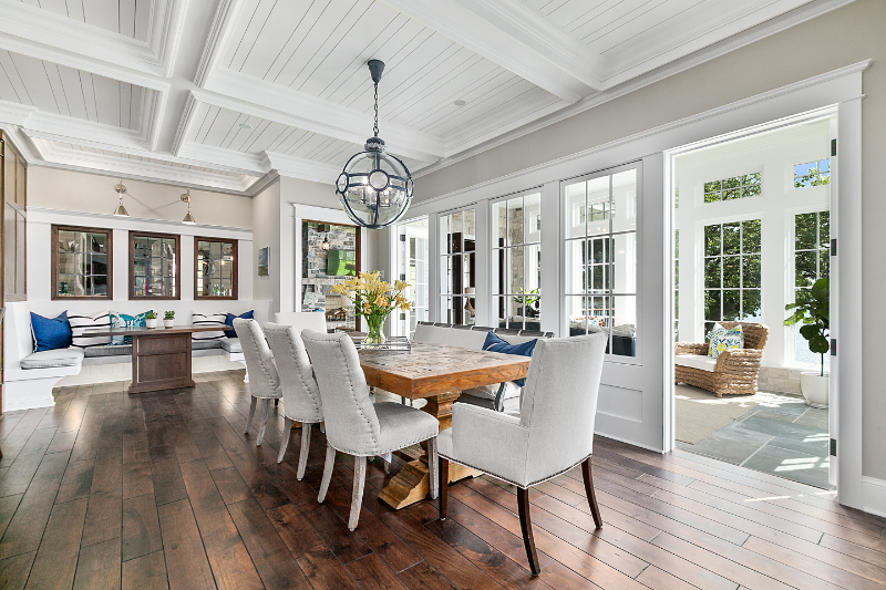 Elegant yet informal dining area of new home with coffered ceiling